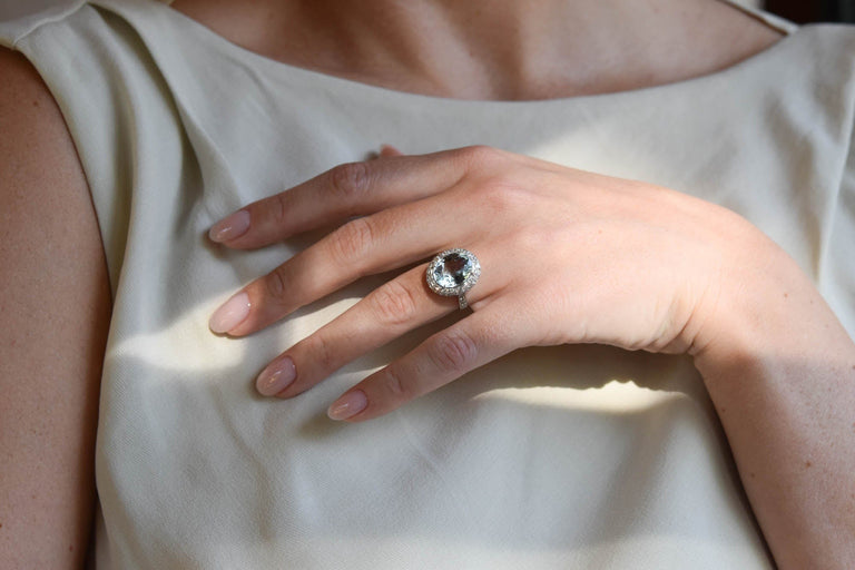 Contemporary 5.15 Carat Checkered Oval Aquamarine and Diamond Cluster White Gold Engagement Ring