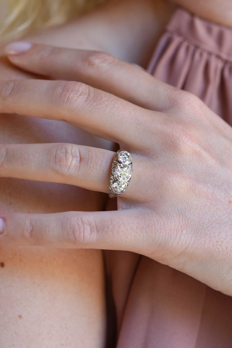Edwardian 1.11 Carat Old European Cut Three Stone Diamond Platinum Vintage Engagement Ring