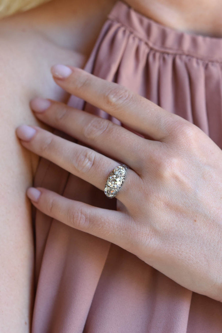 Edwardian 1.11 Carat Old European Cut Three Stone Diamond Platinum Vintage Engagement Ring