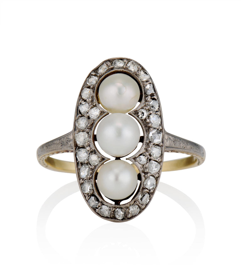 Edwardian .75 Carat Rose Cut Diamond and Pearl Two Tone Vintage Navette Ring