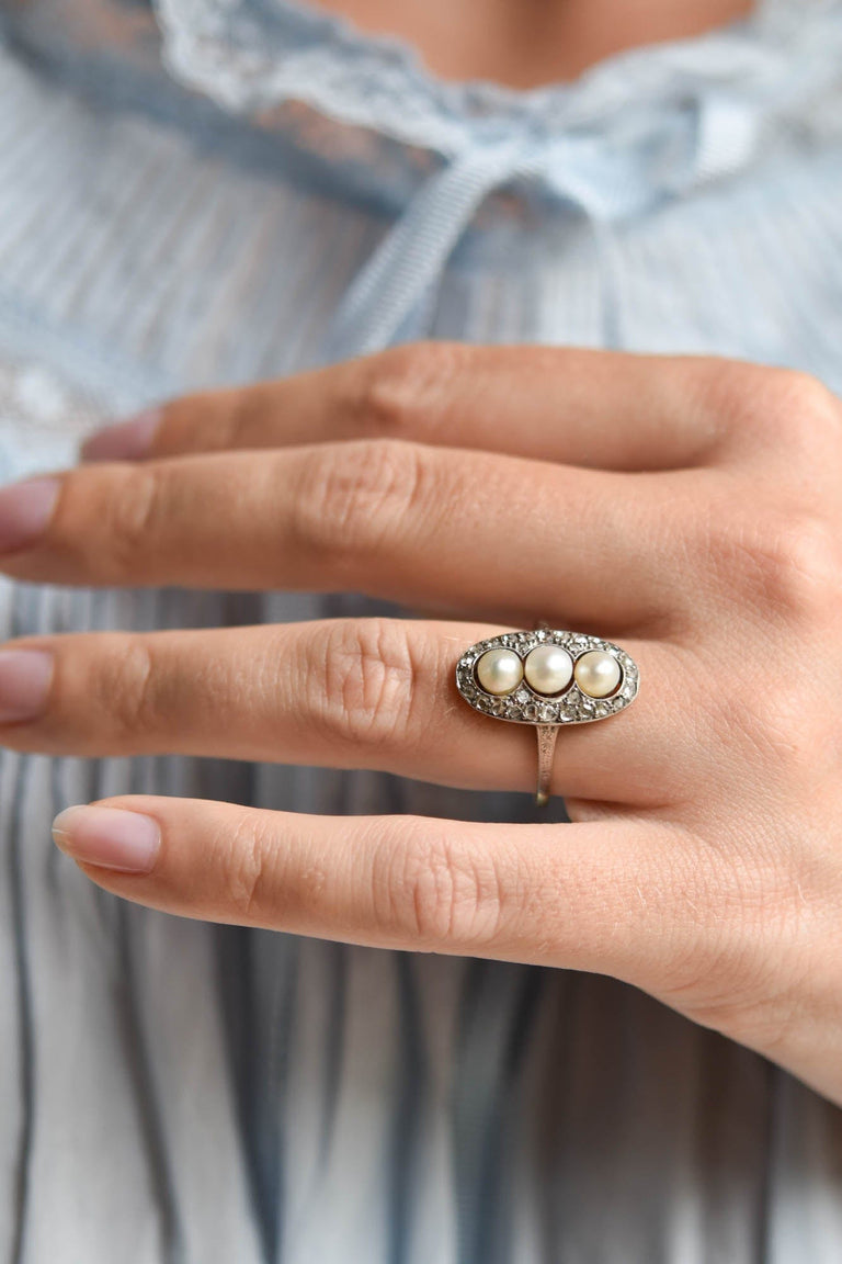 Edwardian Pearl & Rose Cut Diamond Antique Navette Ring