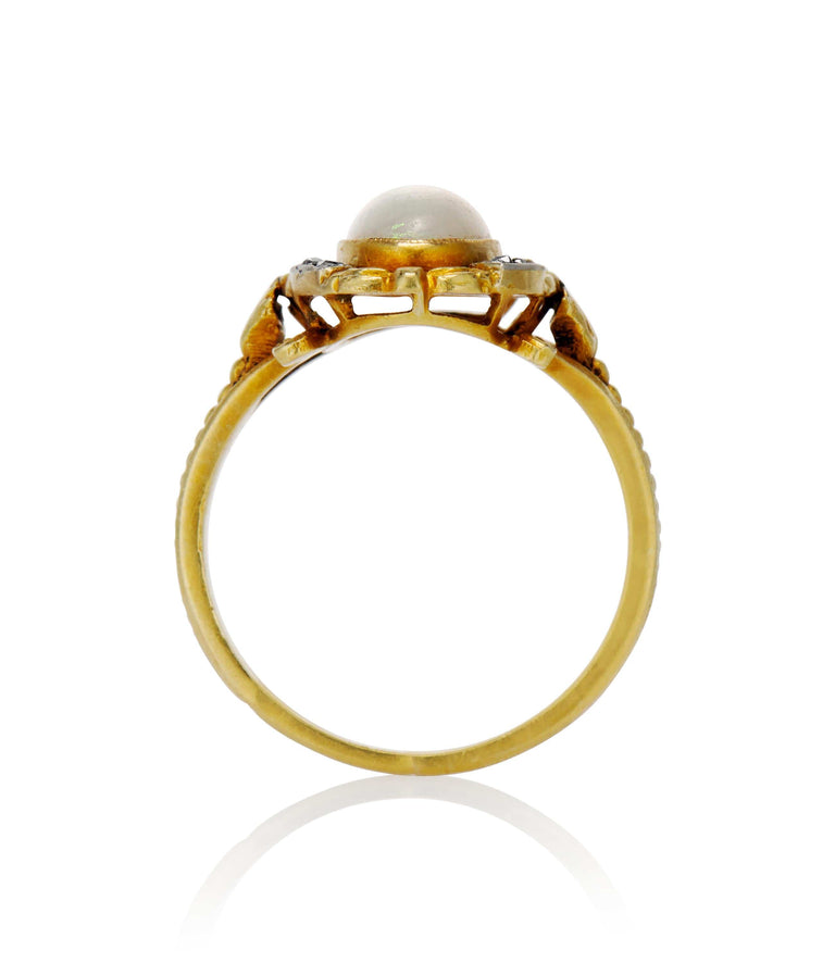 French Art Nouveau 2.00 Carat Cabochon Oval Opal and Diamond Two Tone Vintage Engagement Ring