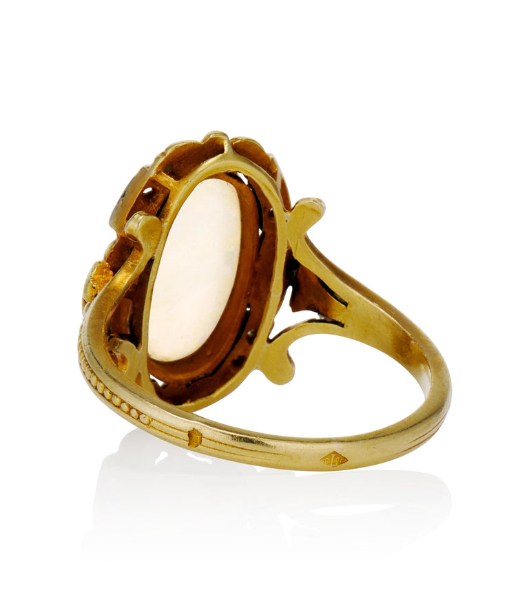 French Art Nouveau 2.00 Carat Cabochon Oval Opal and Diamond Two Tone Vintage Engagement Ring