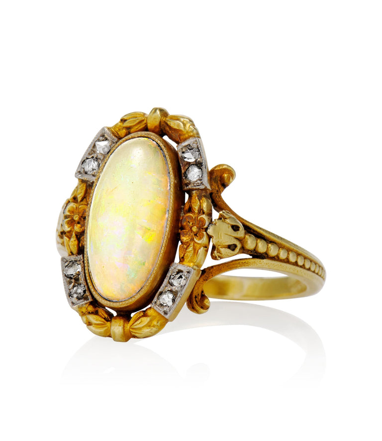 French Art Nouveau 2.00 Carat Cabochon Oval Opal and Diamond Two Tone Vintage Engagement Ring