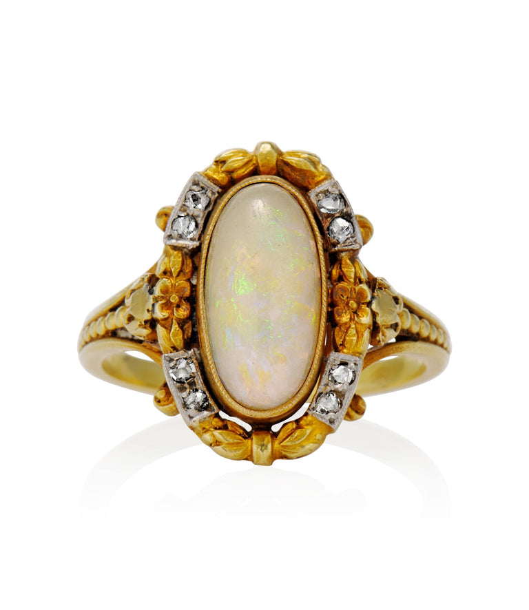 French Art Nouveau 2.00 Carat Cabochon Oval Opal and Diamond Two Tone Vintage Engagement Ring