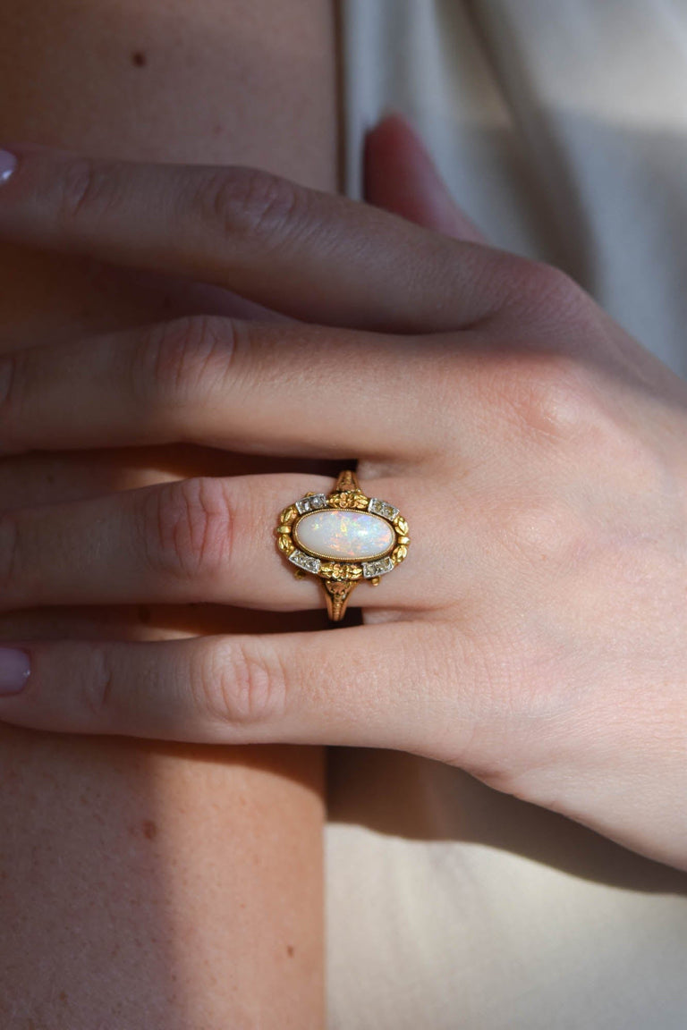 French Art Nouveau 2.00 Carat Cabochon Oval Opal and Diamond Two Tone Vintage Ring
