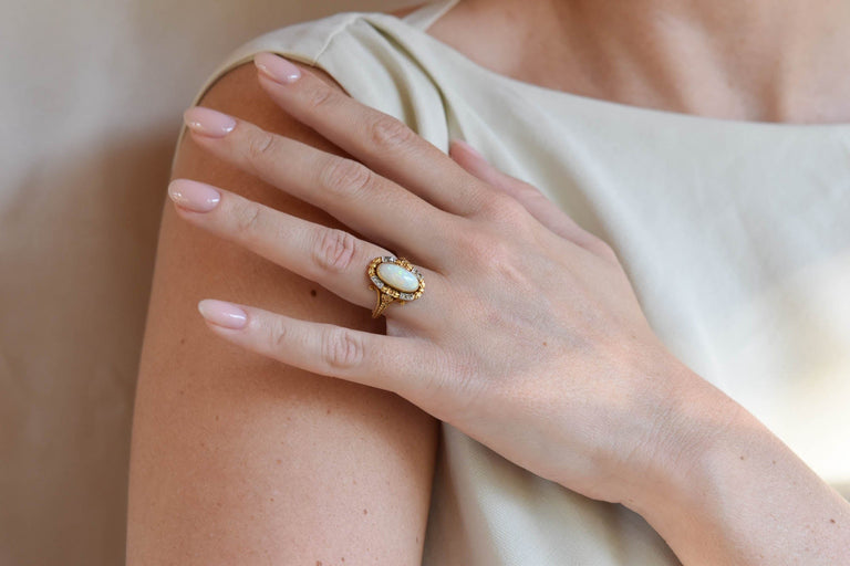 French Art Nouveau 2.00 Carat Cabochon Oval Opal and Diamond Two Tone Vintage Ring