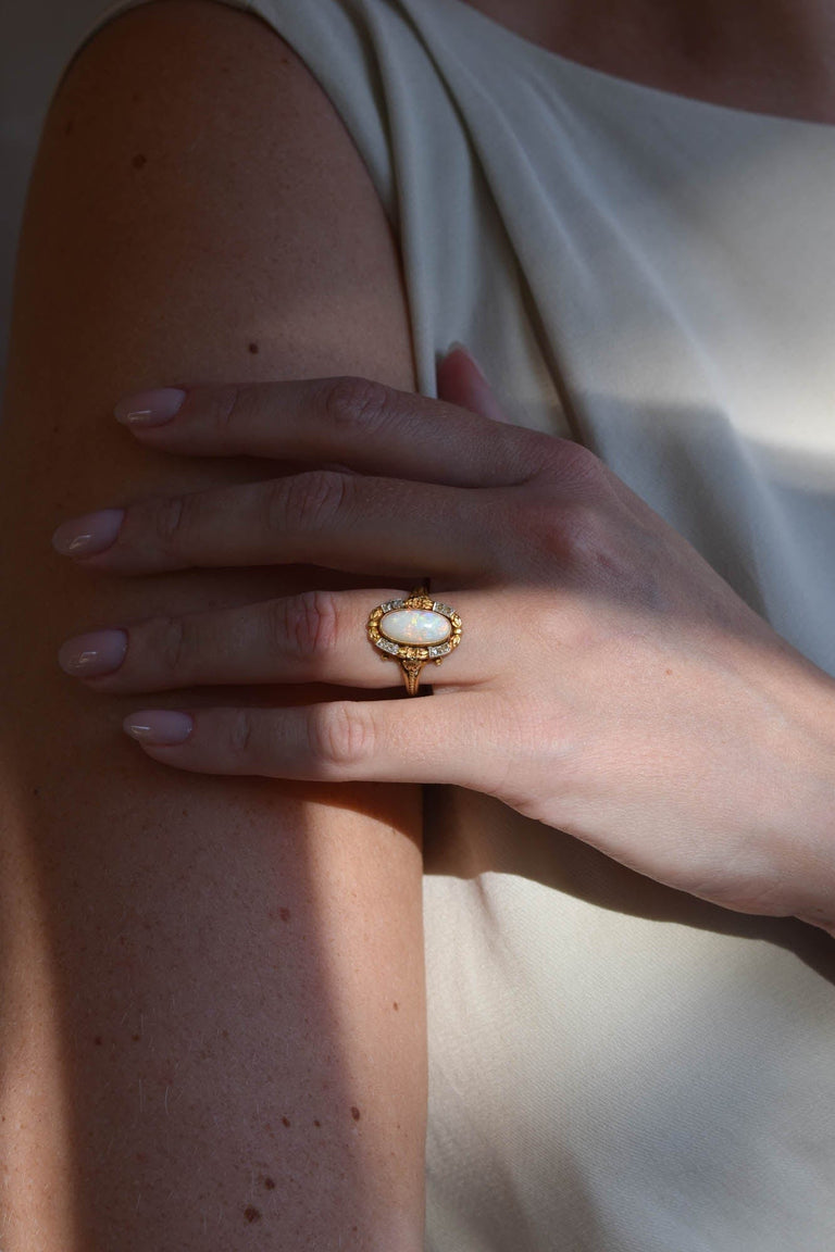 French Art Nouveau 2.00 Carat Cabochon Oval Opal and Diamond Two Tone Vintage Ring