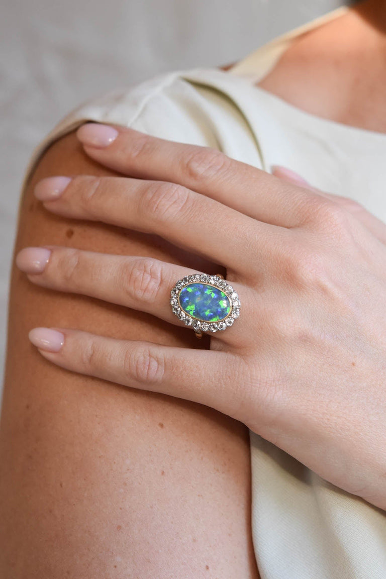 French Victorian Natural Opal and Diamond Cluster Two Tone Antique Ring
