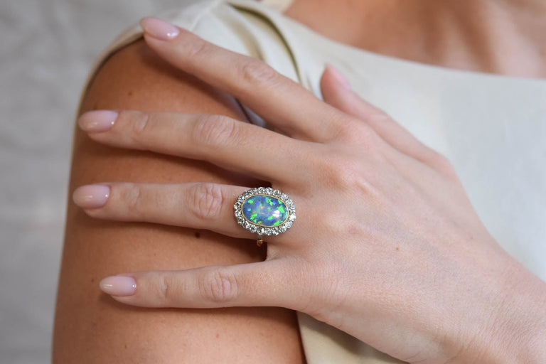 French Victorian Natural Opal and Diamond Cluster Two Tone Antique Ring