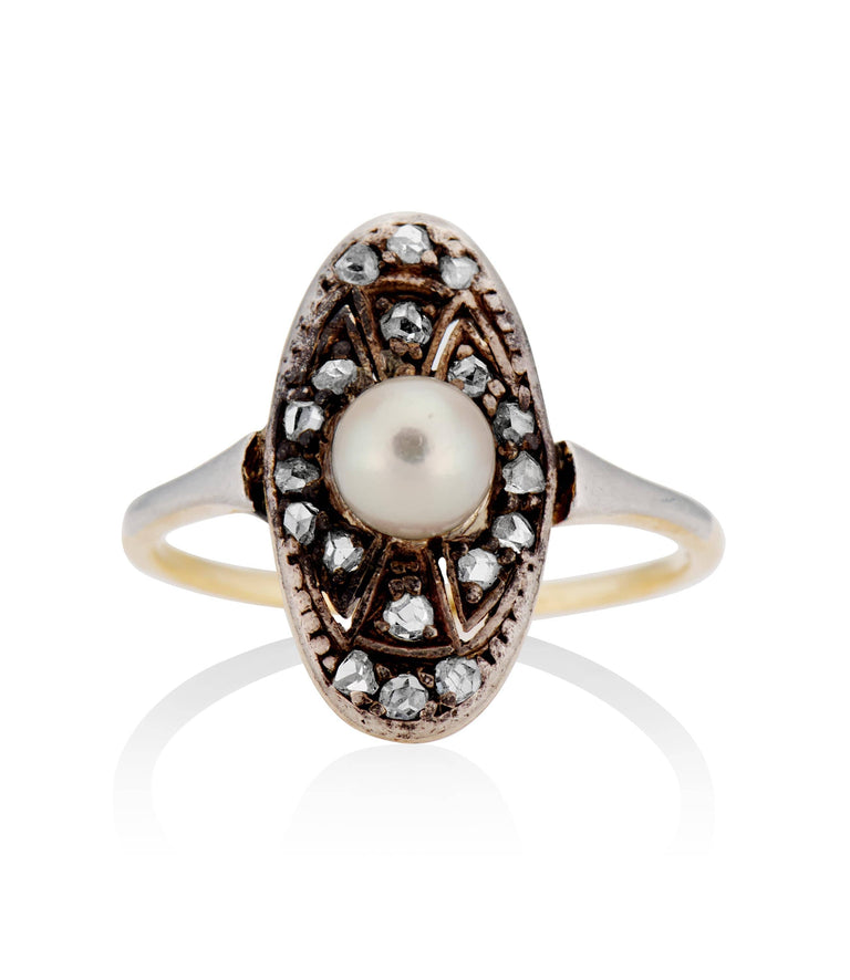 Georgian Pearl and .15 Carat Rose Cut Diamond Gold/Silver Antique Engagement Ring
