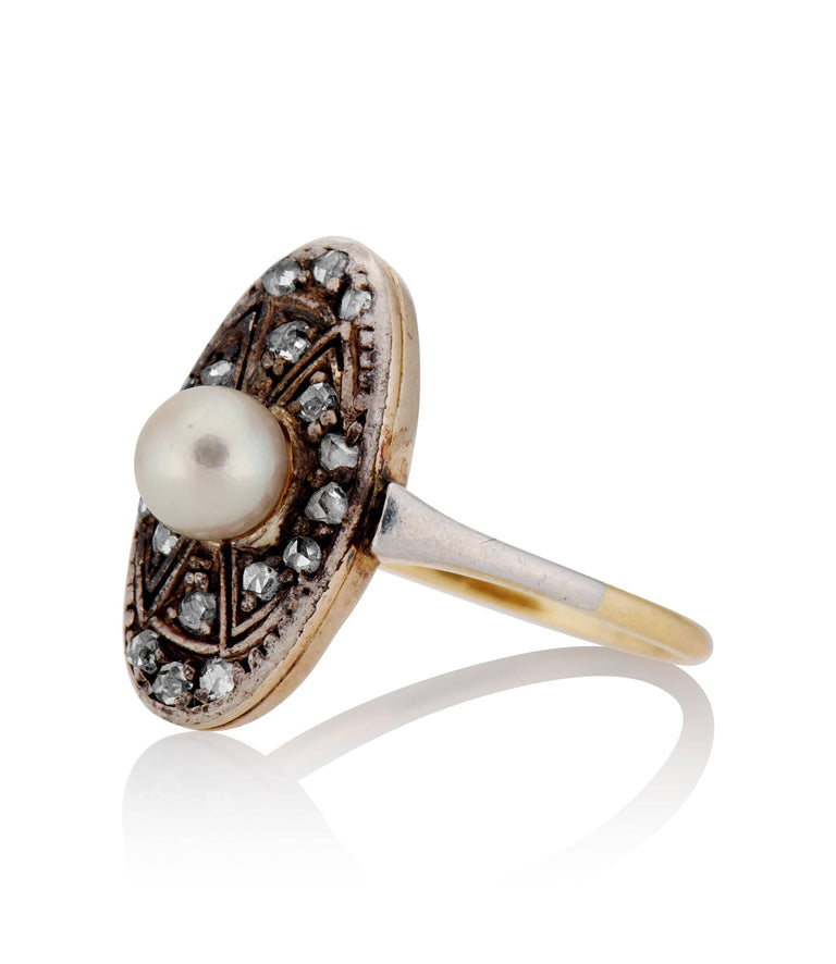 Georgian Pearl and .15 Carat Rose Cut Diamond Gold/Silver Antique Engagement Ring