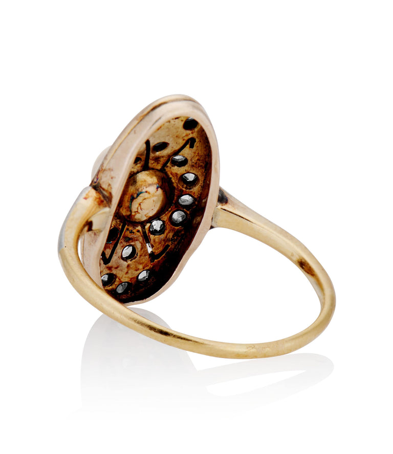 Georgian Pearl and .15 Carat Rose Cut Diamond Gold/Silver Antique Engagement Ring