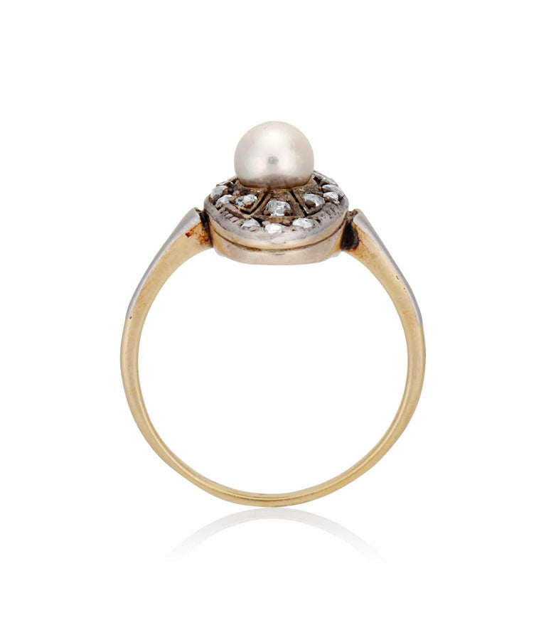 Georgian Pearl and .15 Carat Rose Cut Diamond Gold/Silver Antique Engagement Ring