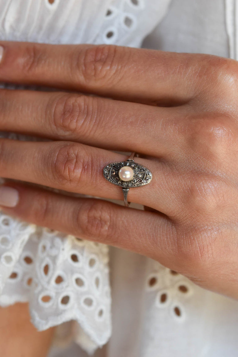 Georgian Pearl and .15 Carat Rose Cut Diamond Gold/Silver Antique Engagement Ring