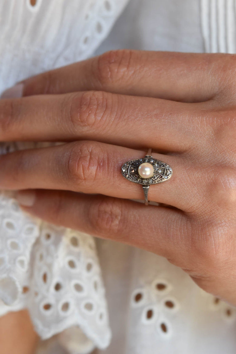 Georgian Pearl and .15 Carat Rose Cut Diamond Gold/Silver Antique Engagement Ring