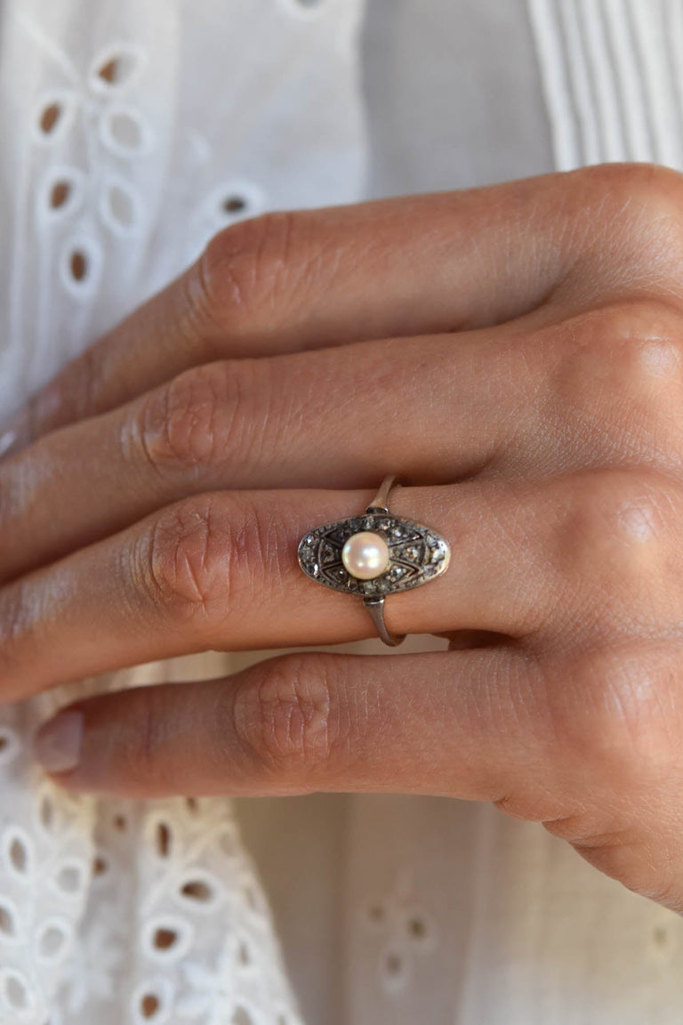 Georgian Pearl and .15 Carat Rose Cut Diamond Gold/Silver Antique Engagement Ring