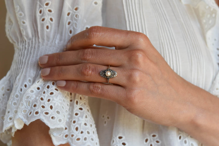 Georgian Pearl and .15 Carat Rose Cut Diamond Gold/Silver Antique Engagement Ring