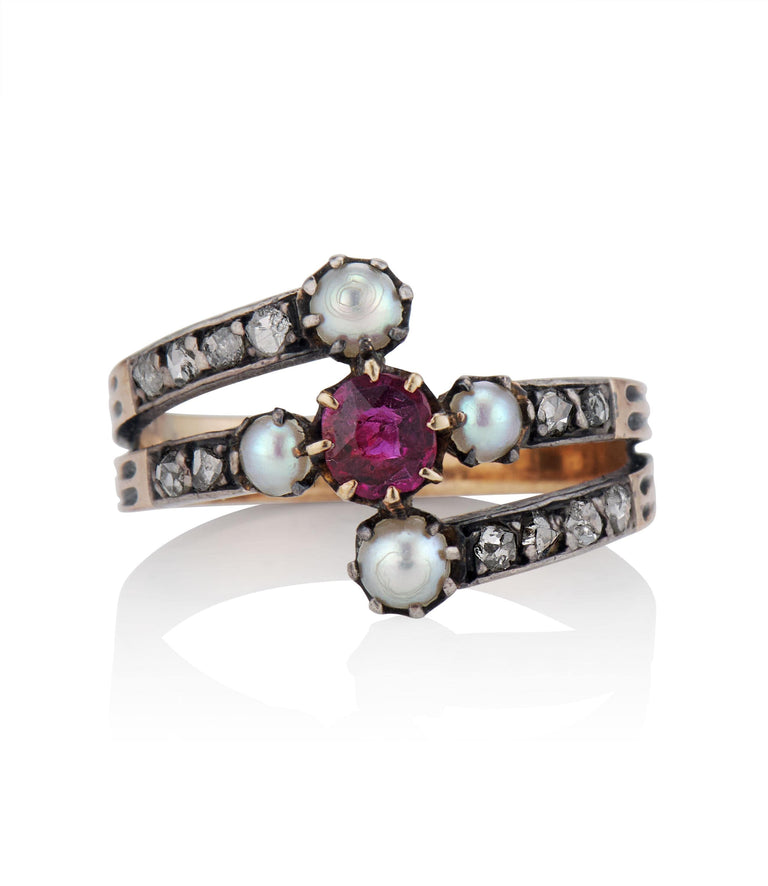 Georgian Ruby, Pearl and Rose Cut Diamond Gold and Silver Antique Engagement Band