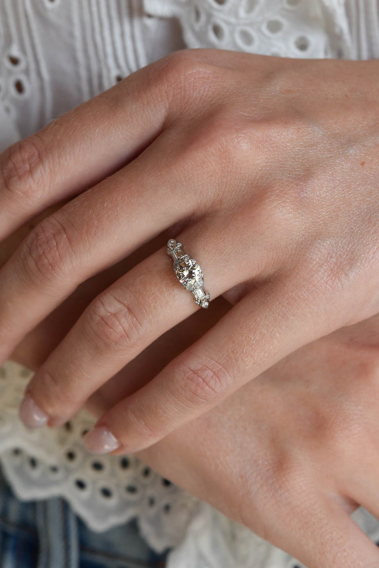 Midcentury .70 Carat Old European Cut Diamond Platinum Vintage Engagement Ring
