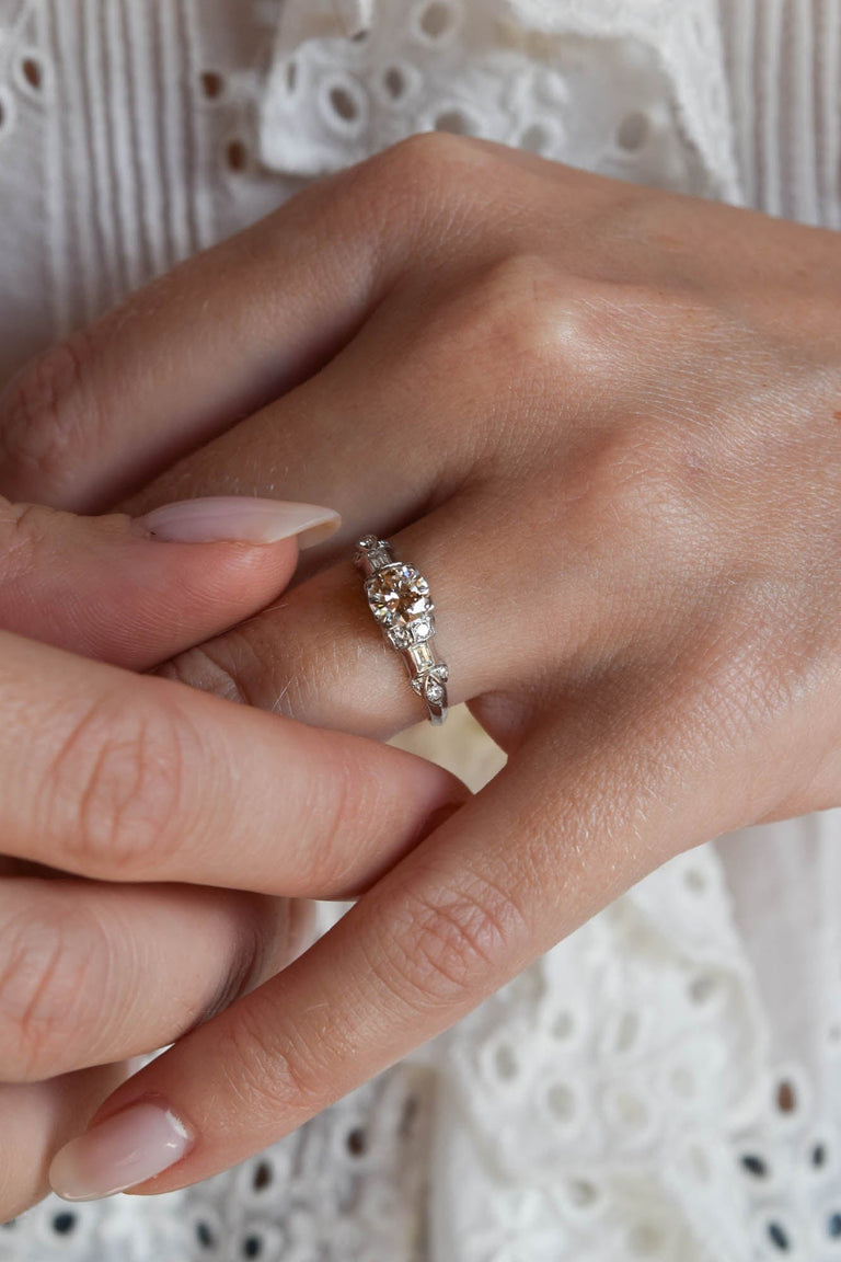 Midcentury .70 Carat Old European Cut Diamond Platinum Vintage Engagement Ring