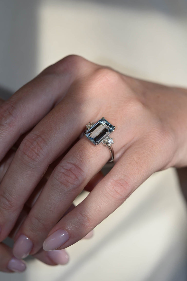 Midcentury Inspired 4.10 Carat Emerald Cut Aquamarine and Reclaimed Old Mine Diamond Platinum Antique Engagement Ring