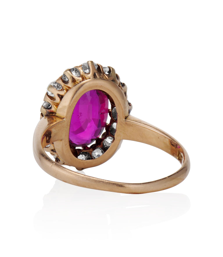 Victorian 2.01 carat Oval Cut No Heat Ruby and Diamond Yellow Gold Cluster Vintage Engagement Ring