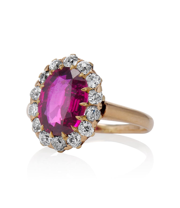Victorian 2.01 carat Oval Cut No Heat Ruby and Diamond Yellow Gold Cluster Vintage Engagement Ring