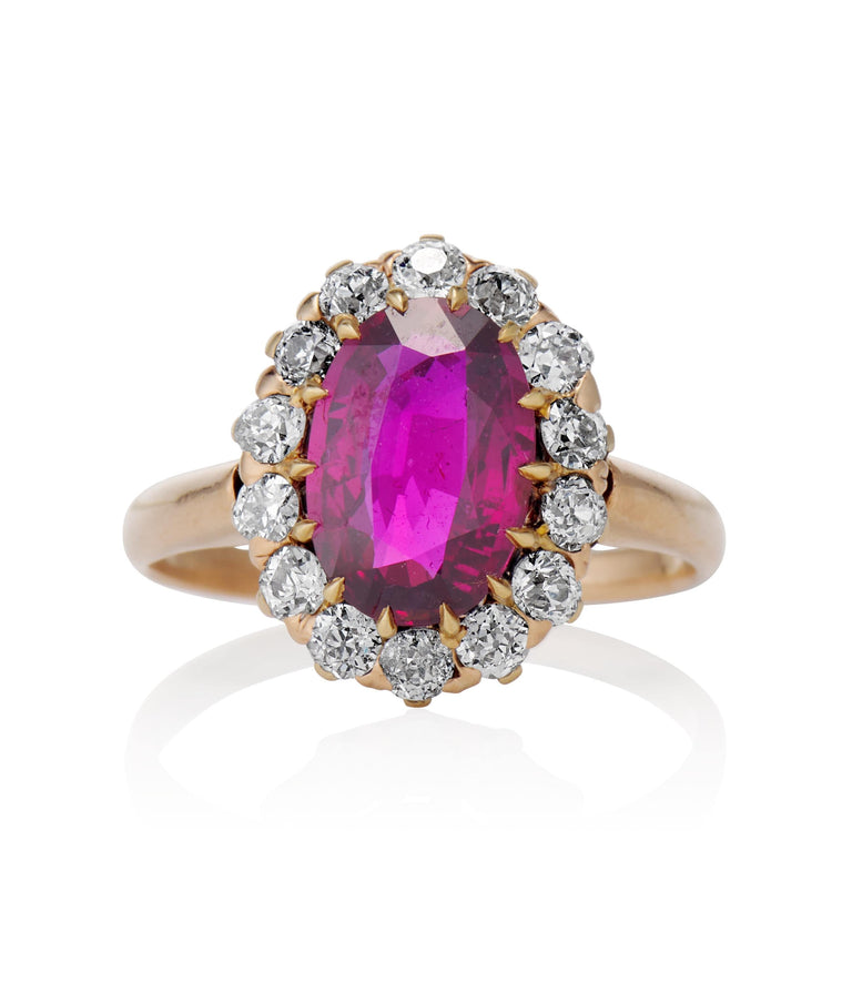 Victorian 2.01 carat Oval Cut No Heat Ruby and Diamond Yellow Gold Cluster Vintage Engagement Ring