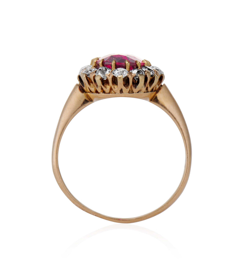 Victorian 2.01 carat Oval Cut No Heat Ruby and Diamond Yellow Gold Cluster Vintage Engagement Ring