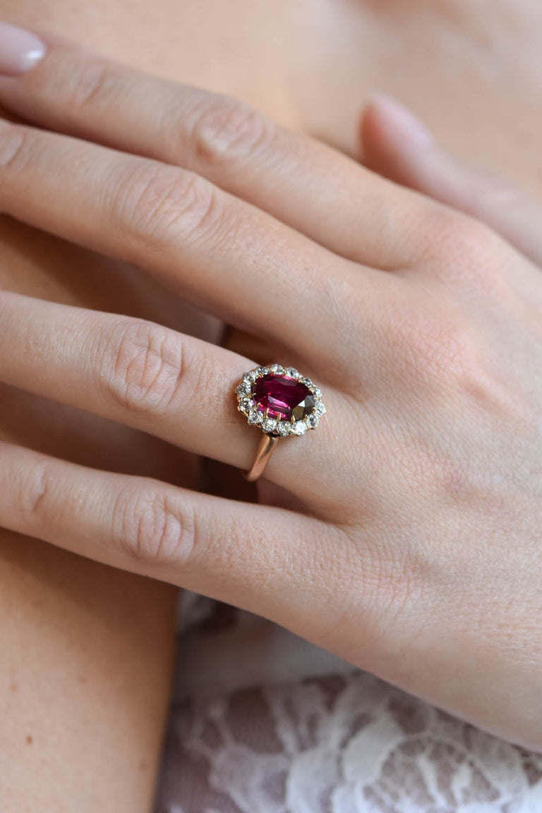 Victorian 2.01 Carat Oval Cut No Heat Ruby and Diamond Yellow Gold Cluster Vintage Engagement Ring