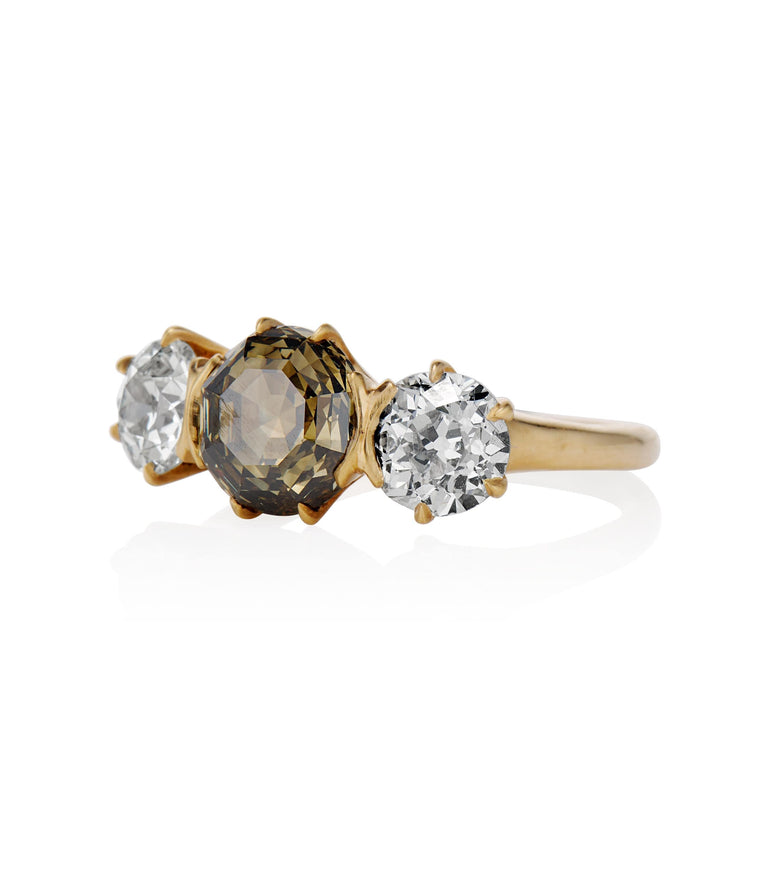 Victorian 2.26 Carat Round Modified Fancy Dark Yellow-Brown Diamond Yellow Gold Three Stone Engagement Ring