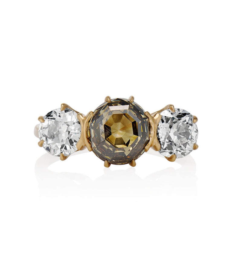 Victorian 2.26 Carat Round Modified Fancy Dark Yellow-Brown Diamond Yellow Gold Three Stone Engagement Ring