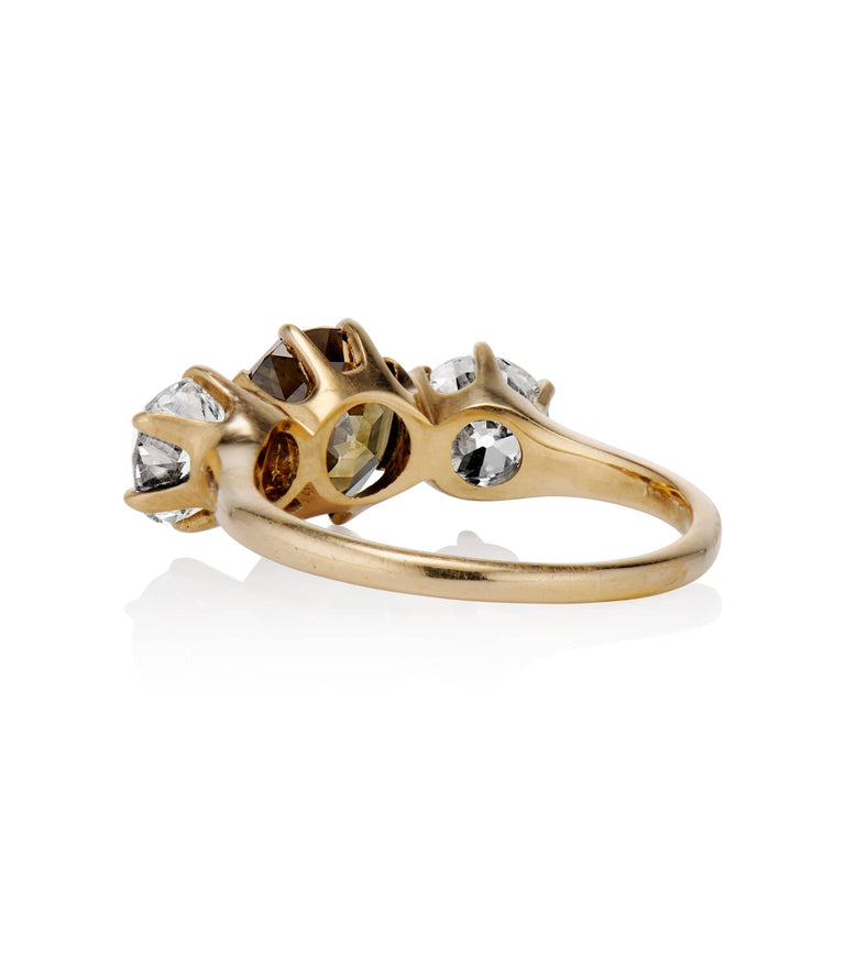 Victorian 2.26 Carat Round Modified Fancy Dark Yellow-Brown Diamond Yellow Gold Three Stone Engagement Ring