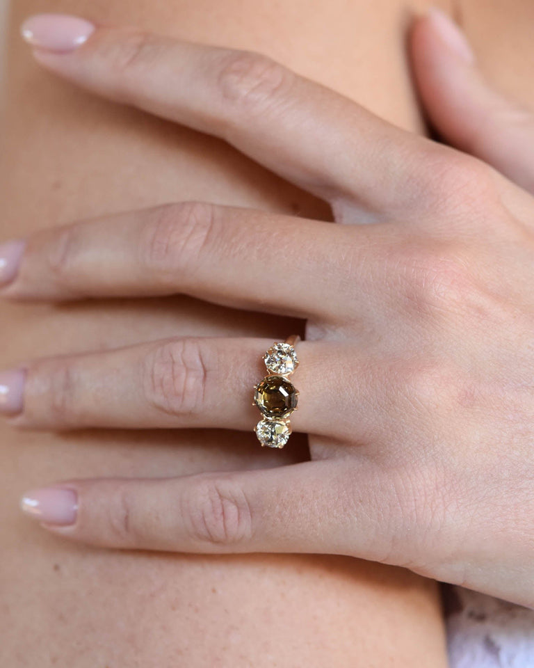 Victorian 2.26 Carat Round Modified Fancy Dark Yellow-Brown Diamond Yellow Gold Three Stone Engagement Ring