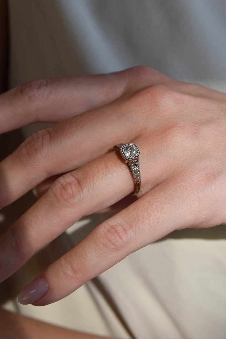 Victorian .51 Carat Circular Brilliant Cut Diamond Two Tone Gold Vintage Engagement Ring