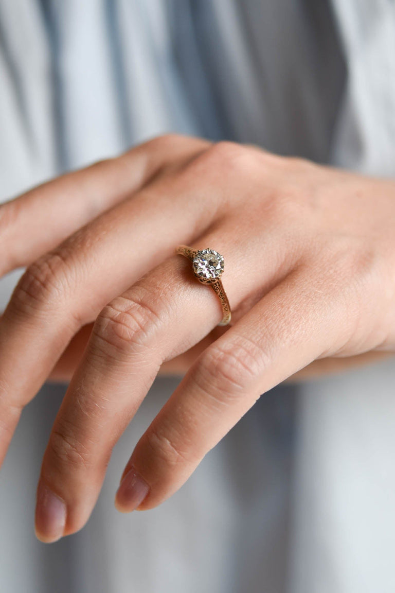 Victorian .92 Carat Old European Cut Diamond Yellow Carved Gold Vintage Engagement Ring