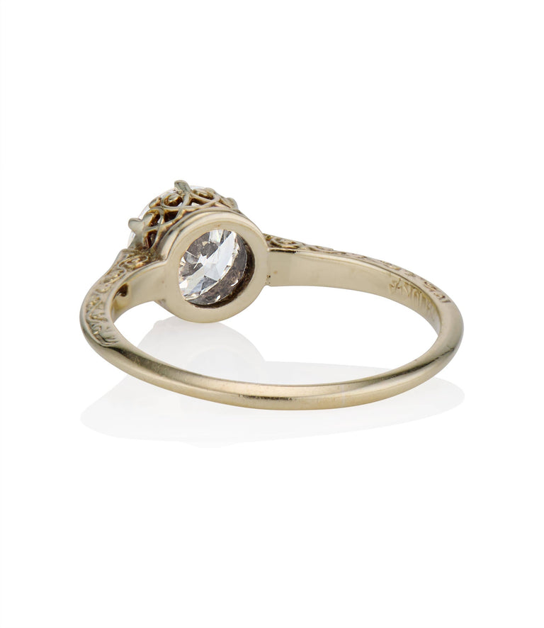 Victorian .92 Carat Old European Cut Diamond Yellow Carved Gold Vintage Engagement Ring