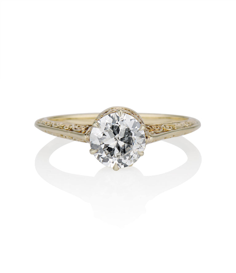 Victorian .92 Carat Old European Cut Diamond Yellow Carved Gold Vintage Engagement Ring