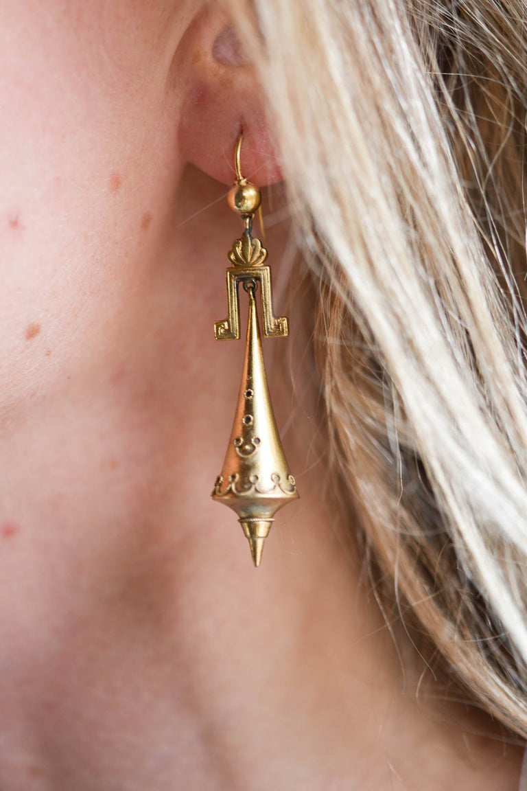 Victorian Etruscan Revival Drop 14k Yellow Gold Vintage Earrings