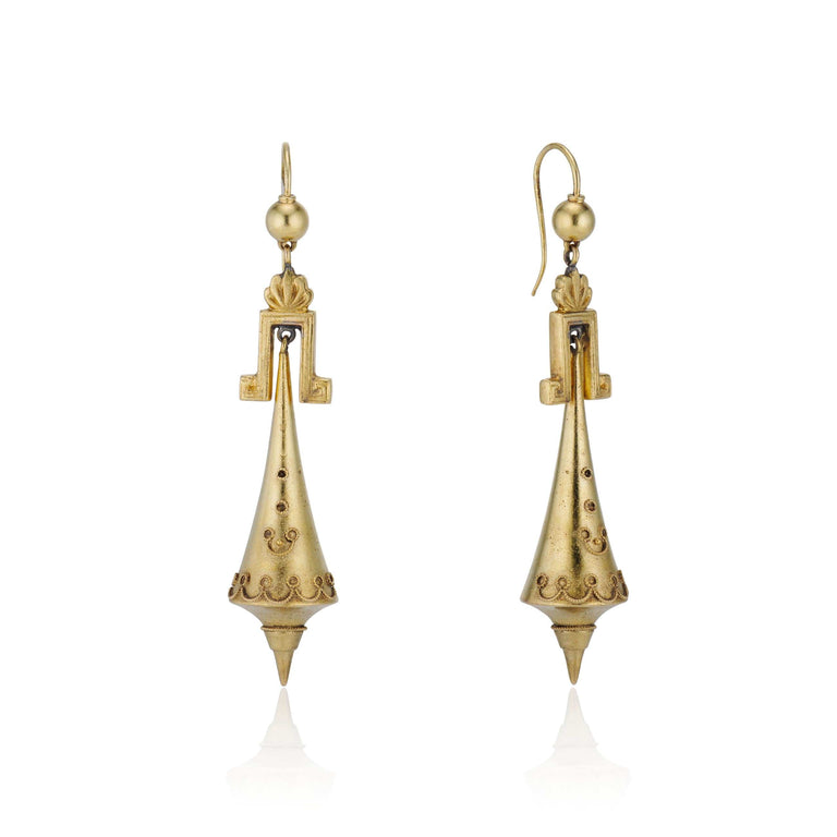 Victorian Etruscan Revival Drop 14k Yellow Gold Vintage Earrings