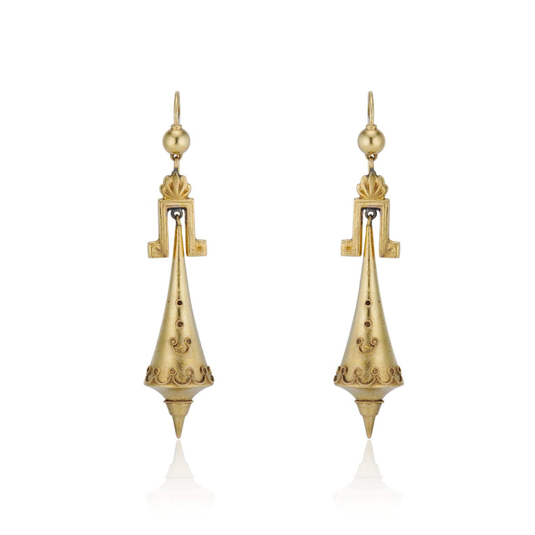 Victorian Etruscan Revival Drop 14k Yellow Gold Vintage Earrings