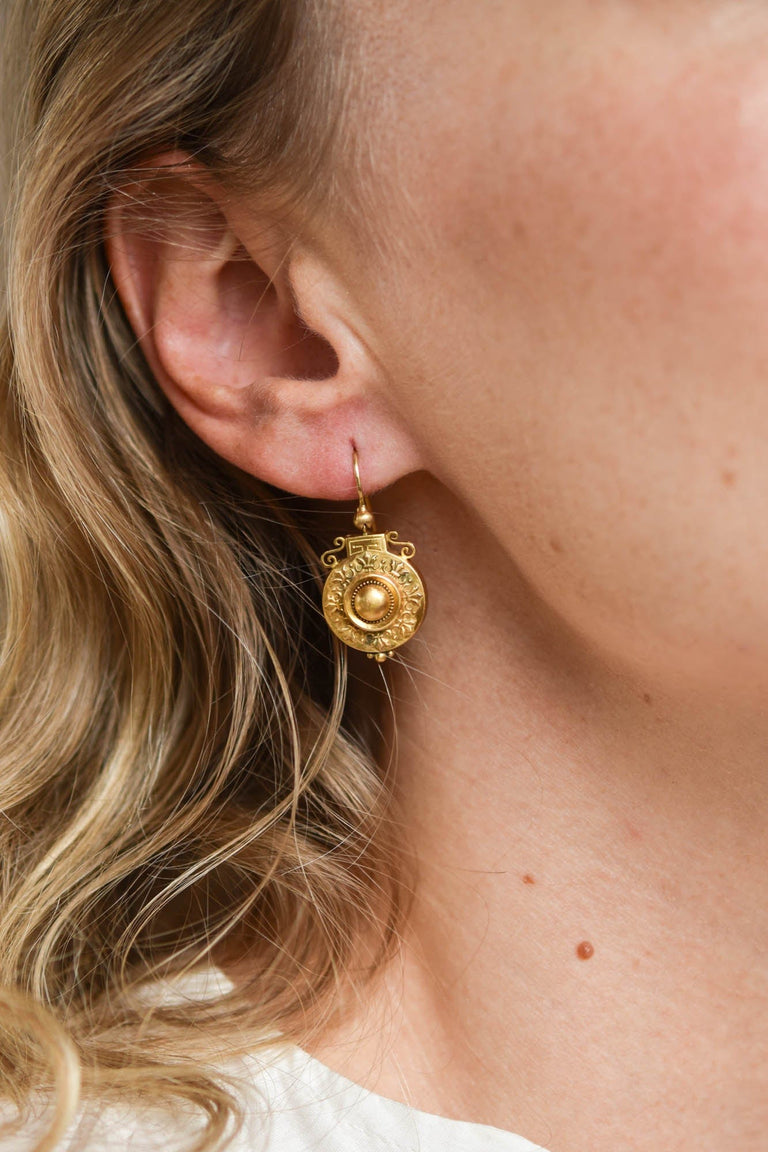 Victorian Etruscan Revival Yellow Gold Dome Antique Earrings