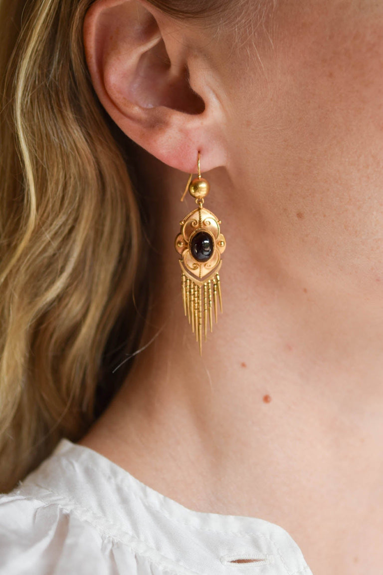 Victorian Etruscan Revival Yellow Gold Garnet Tassel Vintage Earrings