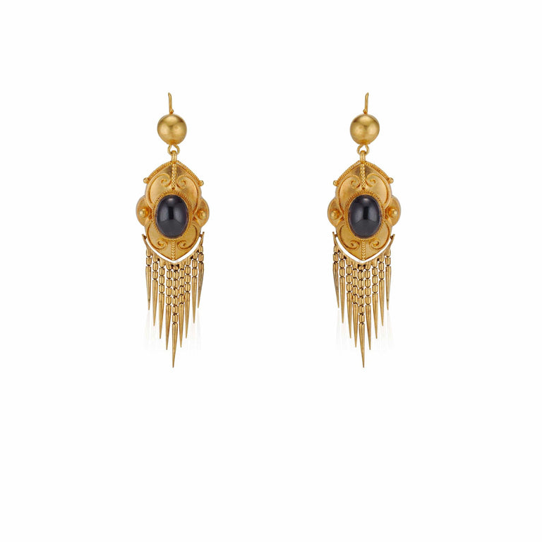 Victorian Etruscan Revival Yellow Gold Garnet Tassel Vintage Earrings