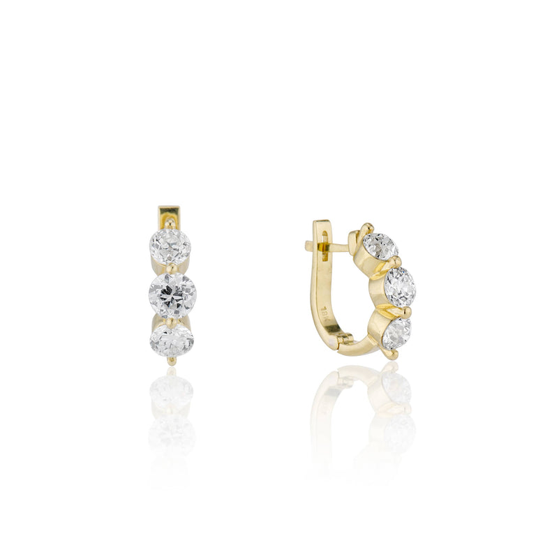 2.09 Carat Old European Cut Three Stone Yellow Gold Reverie Huggies