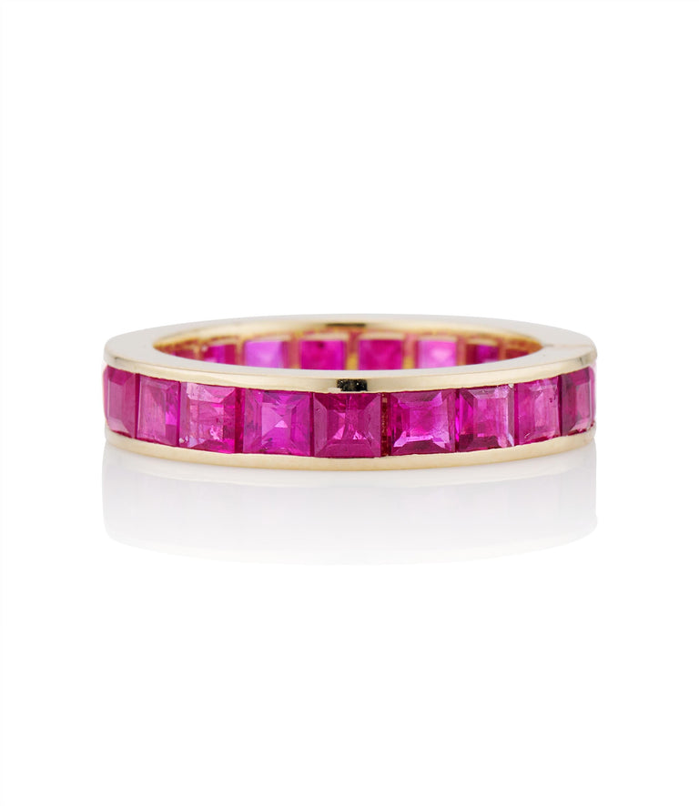 3.78 Carat Carre Cut Ruby Yellow Gold Wedding Eternity Band - Size 5