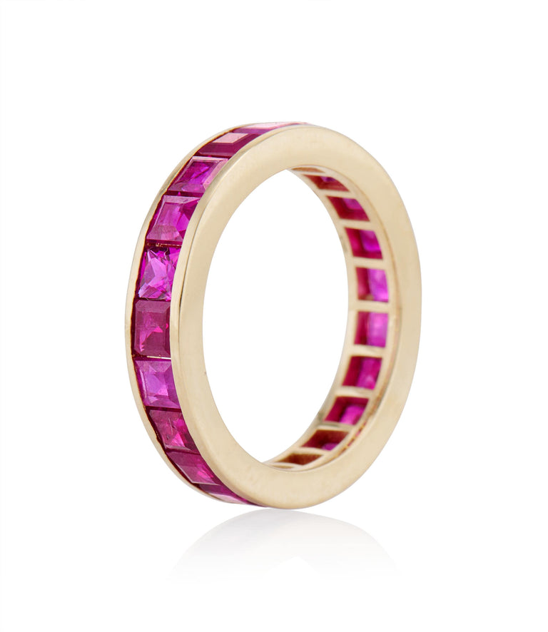 3.78 Carat Carre Cut Ruby Yellow Gold Wedding Eternity Band - Size 5