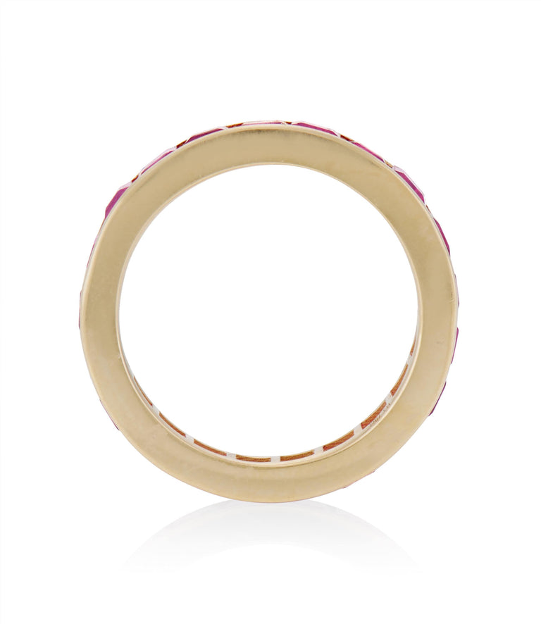 3.78 Carat Carre Cut Ruby Yellow Gold Wedding Eternity Band - Size 5