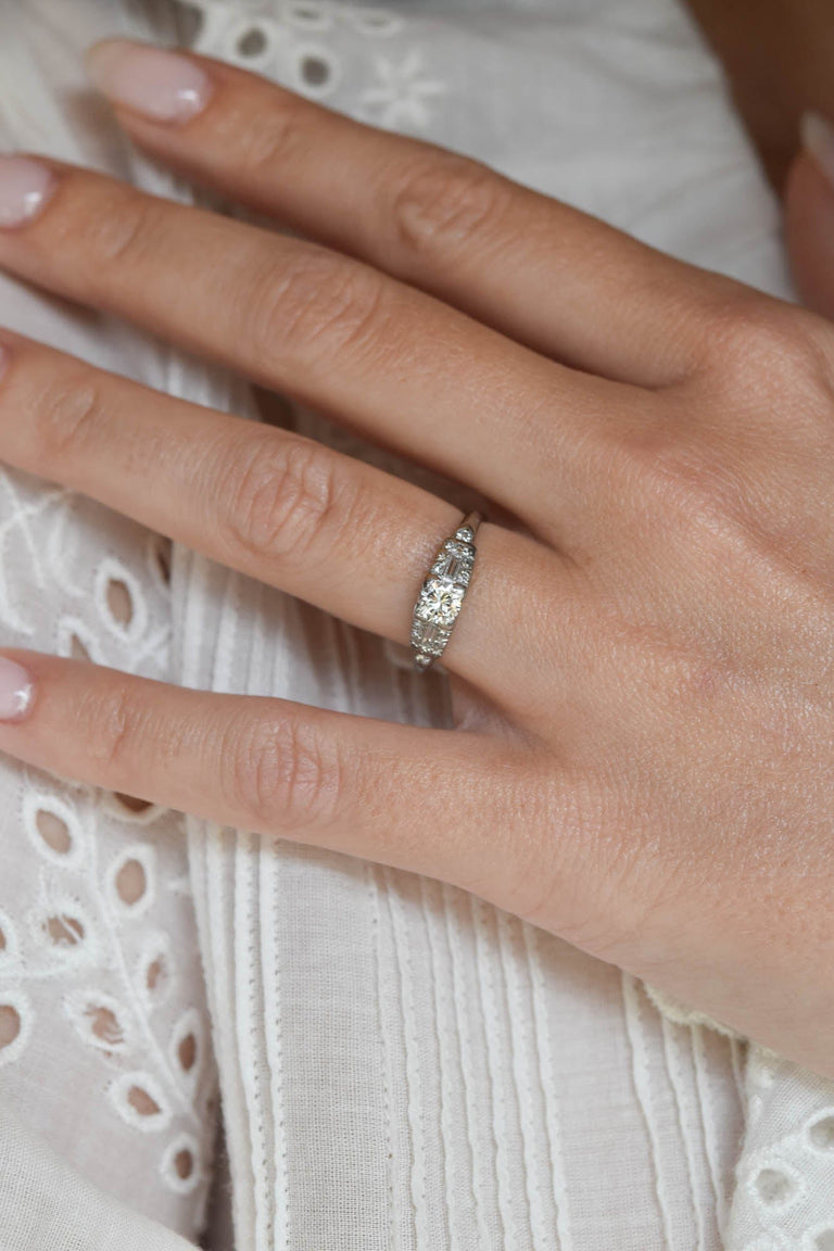 Art Deco .30 Carat Round Brilliant Cut Diamond Platinum Vintage Engagement Ring
